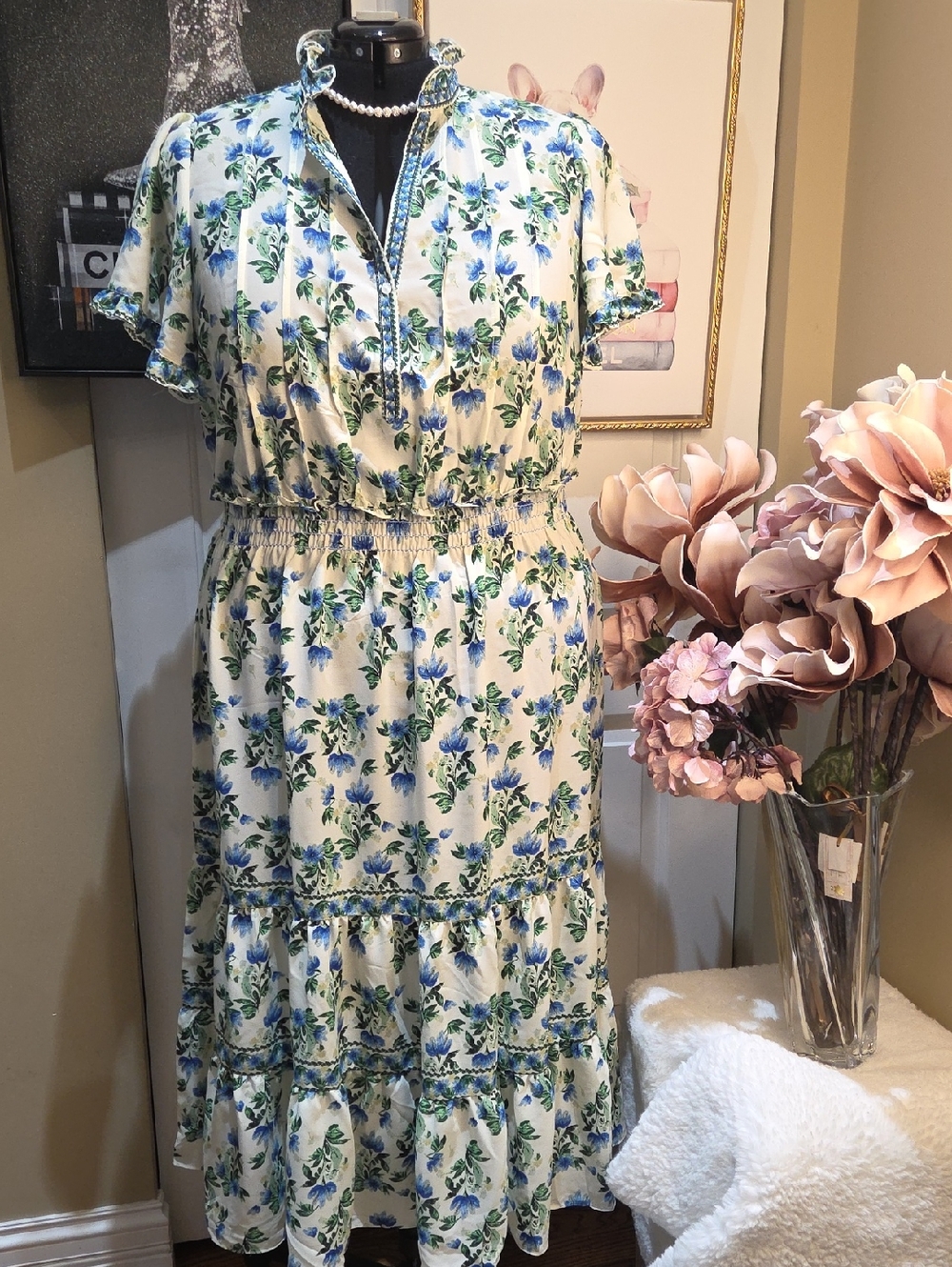 Nwt 2x 3x Max Studio Blue and White Floral Tiered Maxi Dress